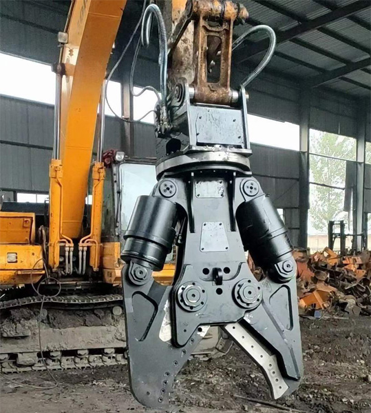 Dual-cylinder hydraulic shear attachment for excavator